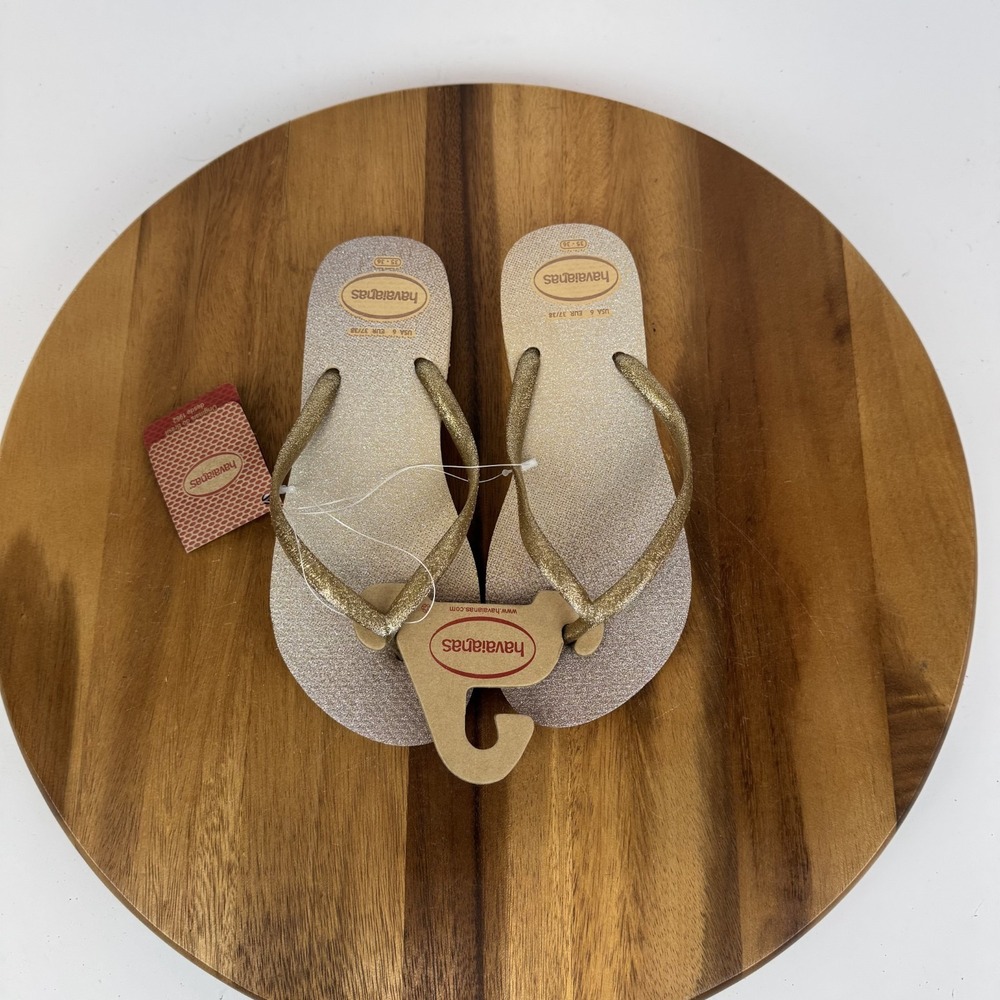 New Womens Havaianas Gold Glitter Casual Comfort Flip Flops Thong Sandals Size 6